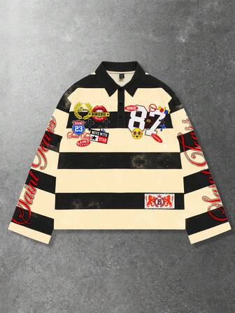 Street Life T-shirt imprimé à manches longues avec col rayé, style décontracté de type universitaire pour hommes