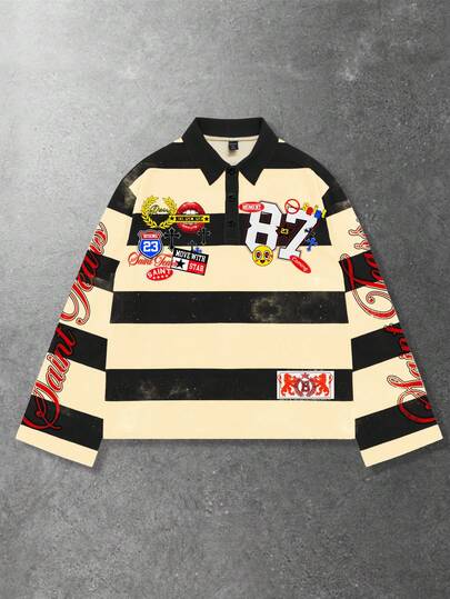 Street Life Camiseta de manga larga con cuello a rayas y estampado, estilo universitario casual para hombres