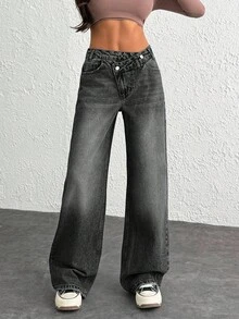 EURMUSE Quần jean nữ cổ điển cạp cao ống rộng màu xanh nhạt, chất liệu denim, cạp không đối xứng, phong cách Y2K - màu đen - Xem 3