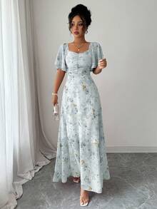 Modelyn 女士雪纺蝴蝶印花蝙蝠袖百褶甜美法式夏装