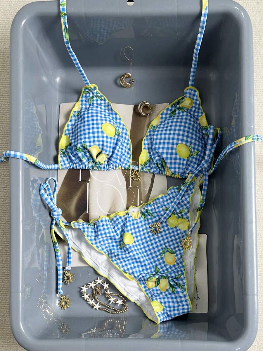 Swim Mod Women's Summer Vacation Fresh Blue Plaid Fruit Print Contrast Color Ruffle Trim Gold Metal Decor Bikini Set, Beach Outfit - Blue - View 1