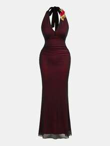 Rafferiza Women's Backless 3D Floral Decor Mesh Splice Tie Dye Long Bodycon Dress,Black And Silver,Summer,Elegant,Dining Halter Neck Valentine's Day - Red - View 3