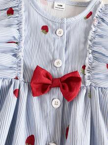 SHEIN Vintaside Kids Summer Newborn Baby Girl Apricot Round Neck Ruffle Cartoon Cherry Print Sleeveless Red Bow Dress With Red Hat Elegant And Cute - Blue - View 5