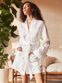Lullawish Bohemian Woven Embroidered Hollow Pattern Women Sleepwear Womens Robe White Lace Robe Summer Robe Women - White - View 1
