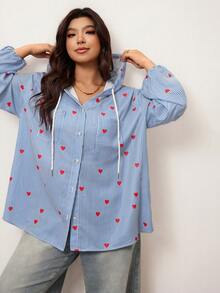 Enliva Camisa con detalles de corazón a rayas azul y blanco para mujer de talla grande, camisa con capucha de manga larga y abotonadura, camisa holgada con capucha - Azul y blanco - Ver 5