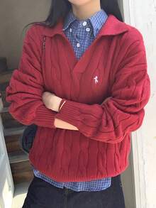 DAZY V-Neck Cable Knit Sweater For Women, Embroidered Collar Design, Loose Fit, Autumn/Winter - Burgundy - View 3