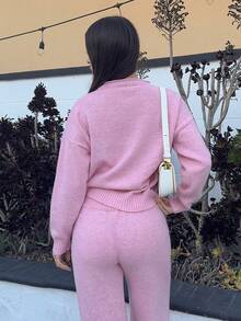 Andrea Bello 2 件套女士休闲宽松落肩长袖毛衣和针织裤套装，秋季 - 粉色 - 查看 2