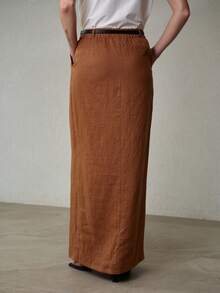 MOTF PREMIUM 女士纯亚麻长裙，开衩设计，适合春夏穿着 - 咖啡棕 - 查看 5