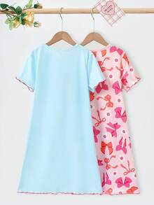 Genkimix Kids Girls' Sweet Pink Butterfly Print A-Line 2 Pieces Short Sleeve Long Nightgown Loungewear - Multicolor - View 2