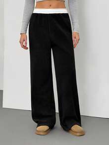 SHEIN Tall 女士秋冬外出极简日常基本款复古街头风节日黑色保暖抓绒直筒裤 Y2K - 黑與白 - 查看 3