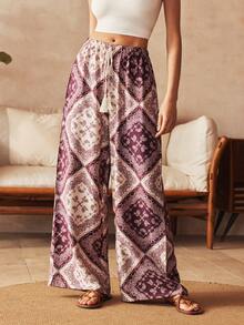 Lullawish Women's Casual Vacation All-Over Print Drawstring Waist Loungewear Bottoms - Burgundy - View 3