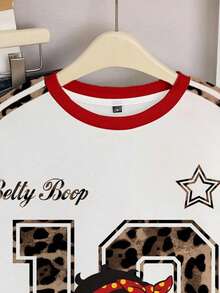 Betty Boop x SHEIN Women's Casual Fashionable Street Style Everyday Commute Leopard Print Digit & Cartoon Character Contrast Striped Side Oversized Loose Thermal Lined Crew Neck Sweatshirt, Autumn/Winter - White - View 4