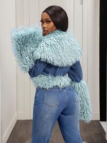 Slaydiva 女士时尚街头风拼接人造毛皮纽扣牛仔毛皮外套 - 藍色 - 查看 2