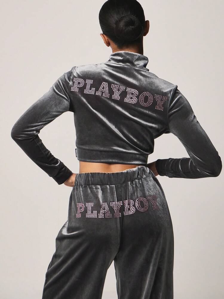 Missguided x Playboy Fitted Crop Velour Sweatshirt With Rhinestone Text Front Zip Closure Long Sleeve Fashion Top Winter Fall