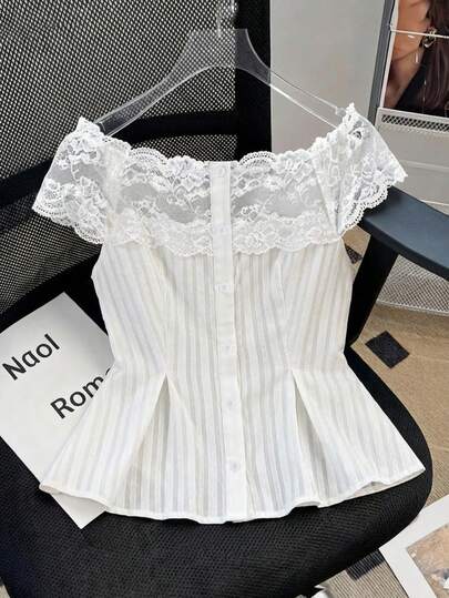 GlowEve 女士蕾丝拼接前扣优雅时尚衬衫