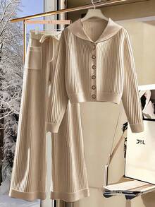 INAWLY Women's Casual Everyday Commute Simple Solid Color Ribbed Knit Turtleneck Button-Up Top And Wide Leg Pants 2-Piece Set, Autumn/Winter - Khaki - View 3