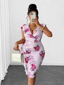 Maweii Đầm ngắn ôm sát dáng mùa hè in hoa dành cho nữ cỡ lớn, cổ chữ V chéo, viền bèo nhún, trang phục thanh lịch cho buổi hẹn hò, đầm dệt kim đi làm, trang phục thành thị thời trang, trang phục thường ngày thoải mái, đa năng, trang phục ngày lễ, Lễ Tạ ơn, tiệc năm mới, dịp trang trọng, sự kiện xã hội, tiệc chiêu đãi, trang phục công sở. - Nhiều màu - Xem 6