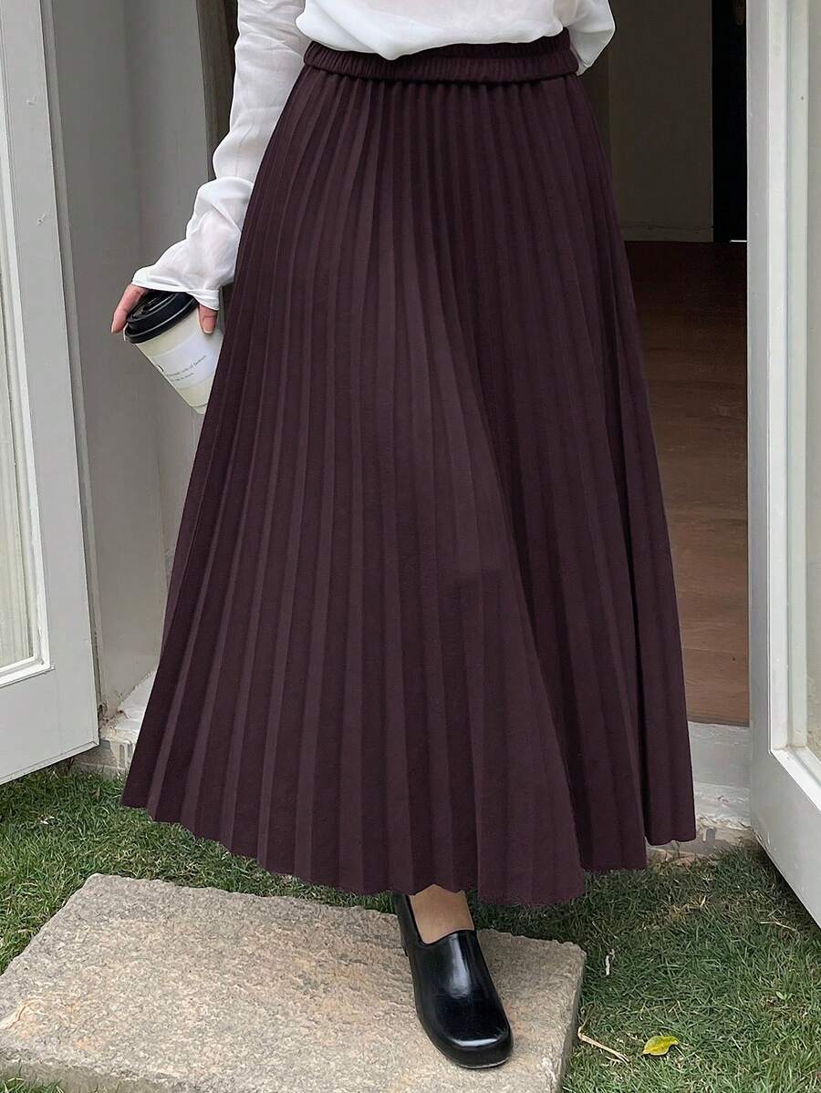 DAZY 女士优雅纯色褶裥A字裙，秋季 - 酒紅色 - 查看 1