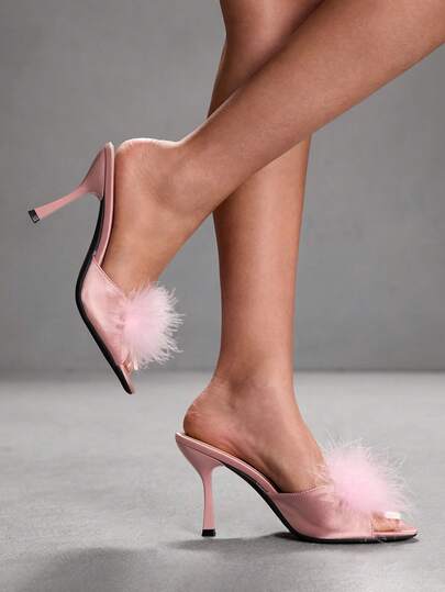 CUCCOO SZL Women's Fashionable And Elegant Faux Fur Decorated Heeled Sandals