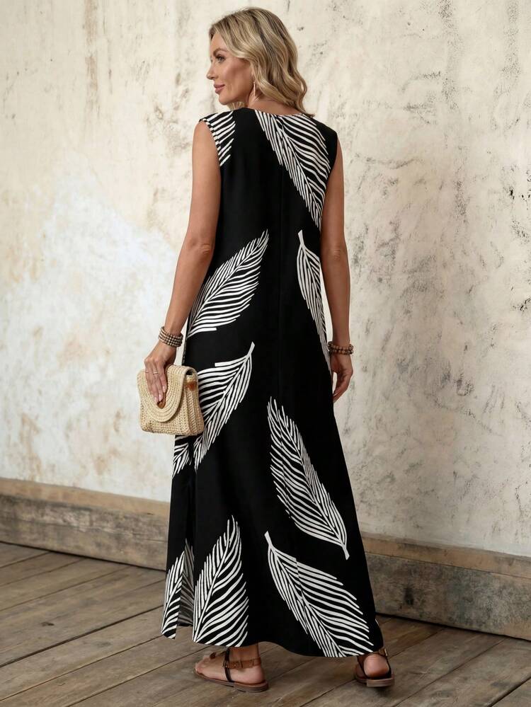Elegante abito lungo in stile boho con stampa a foglie bianche e nere e spacchi laterali, abito lungo estivo da donna, abito maxi casual, abito maxi da spiaggia, abito maxi da vacanza, abito chic