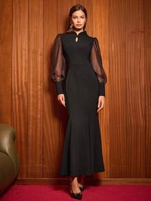 Uhlyne 女士优雅中式时尚派对/约会/教师连衣裙，黑色雪纺拼接，秋冬款 - 黑色 - 查看 5