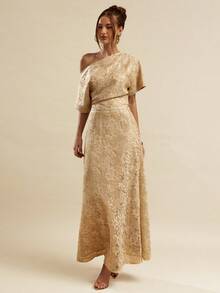 SHEIN BAE Gold Lace Low Waist Extra Long Mermaid Skirt, Gold Skirt, Summer Skirt, Suitable For Nightclub Party, Outing, Autumn Women's Wear, Retro Luxury, Work/Office, Business Casual Occasions, Gold Lace Skirt, Vintage Elegant - Gold - View 6