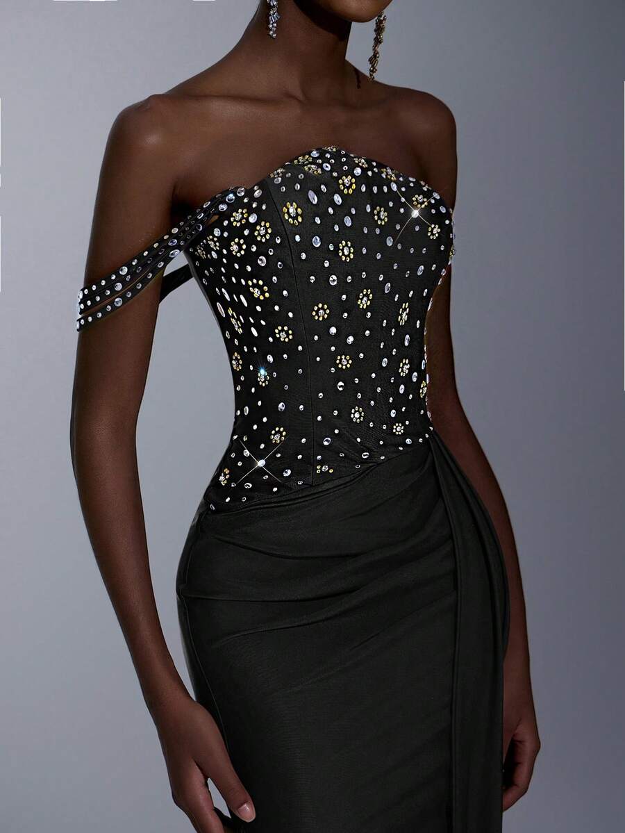 Elitara Đầm maxi cúp ngực không dây, xếp ly eo, dáng đuôi cá, sang trọng, đính đá 3D lấp lánh, được làm thủ công tinh xảo, phù hợp cho các buổi hẹn hò, kỳ nghỉ, đám cưới và các sự kiện trang trọng. - màu đen - Xem 1