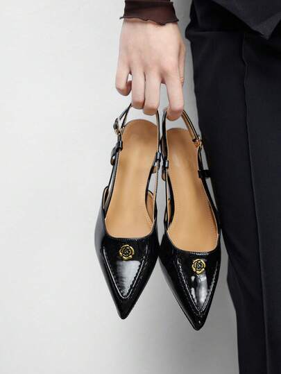 CUCCOO BIZCHIC Pearlescent Material Buckle Bow Tie Backstrap Design Pointed Toe Black Mule Slip-On Shoes, Suitable For Party And Daily Wear, Photo Shoot Valentine's Day