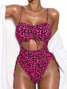 SHEIN Swim Áo tắm liền thân họa tiết da báo khoét lỗ dành cho nữ mùa hè 2025 - Hồng - Xem 4