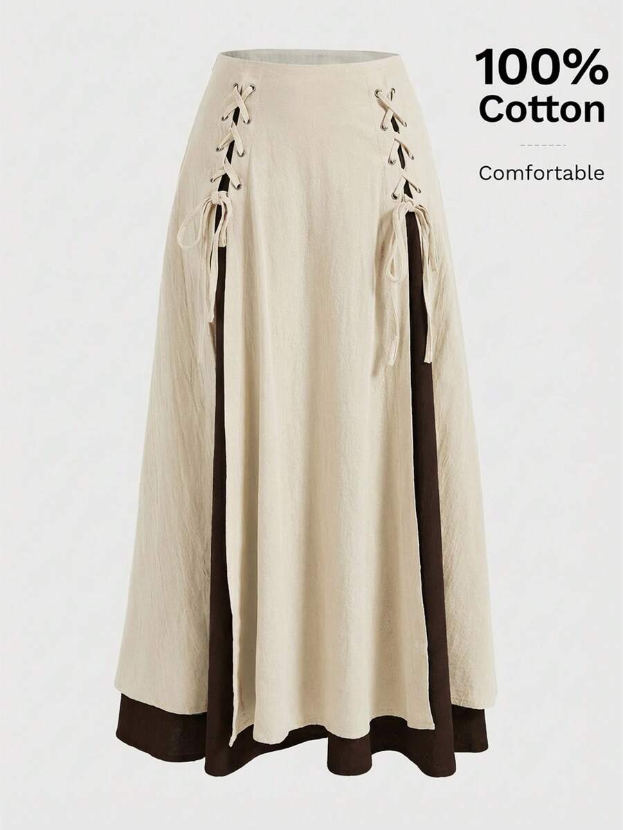 ROMWE Fairycore Chân váy nhiều lớp phối màu thắt dây thanh lịch dành cho nữ - Màu be - Xem 1