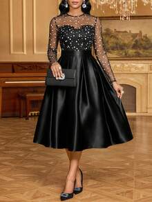 SHEIN Lady Women's Elegant Party Polka Dot Print Mesh Patchwork Waist Pleated Hem Midi Dress - Black - View 4