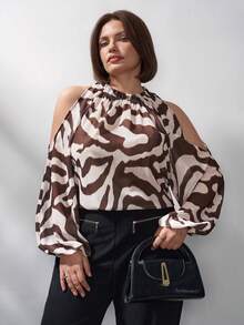 Chikora Blusa de mujer talla grande, elegante blusa de manga larga con hombros descubiertos y estampado de cebra semitransparente para el trabajo, el trayecto, el verano, el Día de San Valentín, el Carnaval, fiestas y primavera - Multicolor - Ver 1