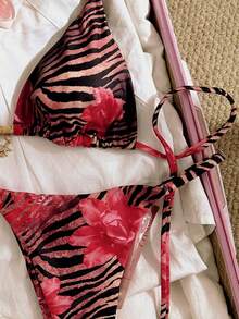 Swim Vcay Multicolor Random Print Halter Thongs Bikini Set For Women Fabric With Tie Back Details Regular Fit - Multicolor - View 5