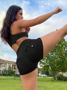 High Waist Cargo Sports Shorts For Women With Pockets Butt Lifting Yoga Gym Running Tight Shorts - Black - View 2