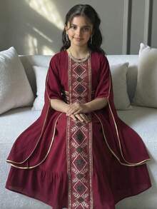 SHEIN Robe patineuse pour préadolescentes avec manches évasées, taille nouée, col rond, imprimé rétro patchwork et volants à l'ourlet - Rouge foncé - Voir 2