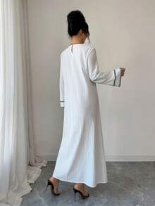 SHEIN Najma 度假风印花撞色条纹饰边喇叭袖宽松阿拉伯连衣裙 - 白色 - 查看 2