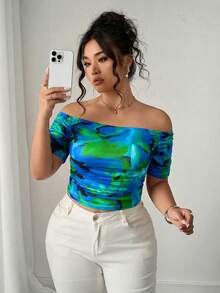 Elenzga Camiseta de manga corta con hombros descubiertos, fruncida y con efecto tie-dye, talla grande - Multicolor - Ver 3