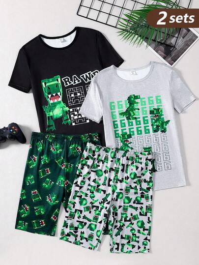 4件套青少年男童休闲舒适柔软亲肤卡通涂鸦印花弹力紧身针织短袖上衣和短裤睡衣套装，黑色和绿色
