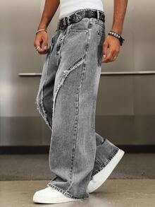 Manfinity EMRG Men's Street Fashion Distressed Patchwork Vintage Washed Wide Leg Pants - Grey - View 2