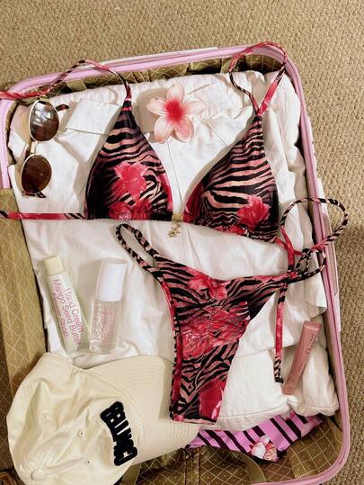 Swim Vcay Conjunto de bikini con estampado aleatorio, decoración metálica y cuello halter para mujer, primavera/verano