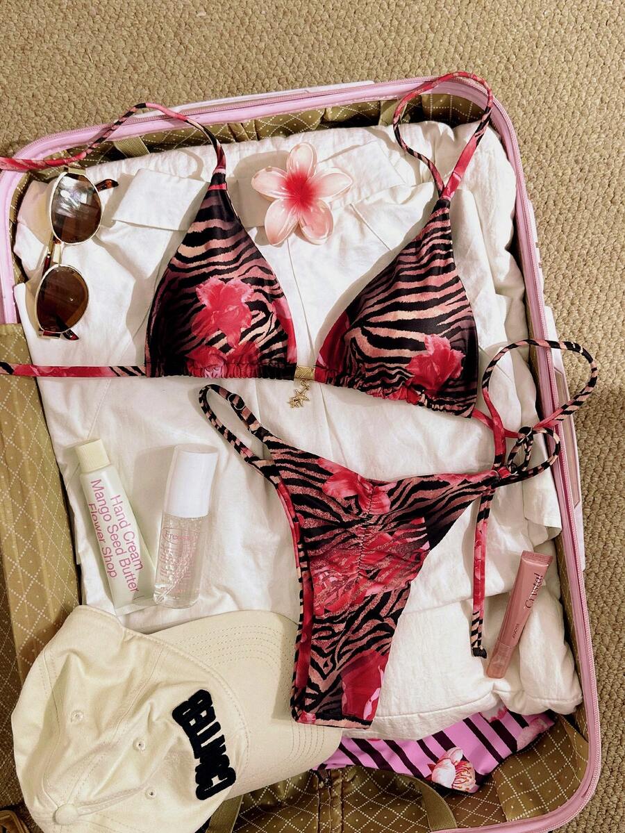 Swim Vcay Multicolor Random Print Halter Thongs Bikini Set For Women Fabric With Tie Back Details Regular Fit - Multicolor - View 1
