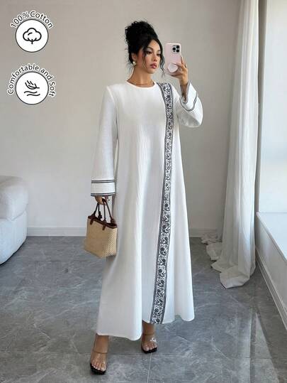 SHEIN Najma Vacation Style Floral Print Contrast Striped Trim Flare Sleeve Loose Arabic Dress