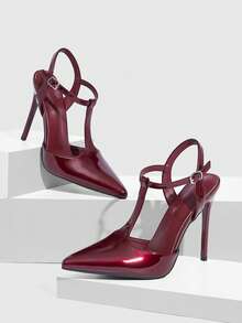 CUCCOO SZL Giày cao gót nữ màu đỏ tía với khóa trang trí, thích hợp cho dịp Giáng sinh. - Rượu vang đỏ - Xem 2