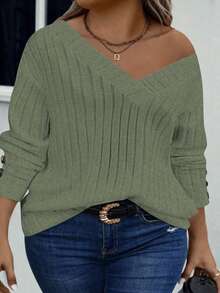 EMERY ROSE Women's Soft Ribbed V-Neck Long Sleeve Plus Size T-Shirt, Spring/Autumn - Army Green - View 3