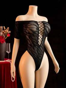 1pc Women's Sexy Off-Shoulder Hollow Mesh Bodysuit - Black - View 4