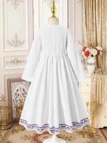 Sparklyn Girls White A Line Long Sleeve Dress Flared Long With Geometric Pattern V Neck Everyday Casual Polyester - White - View 2