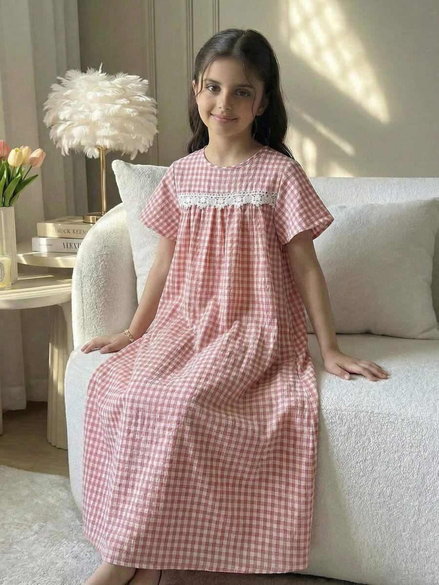 SHEIN 女童宽松格子荷叶边长袖休闲连衣裙 - 粉色 - 查看 1