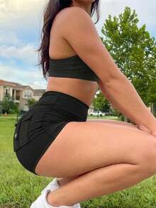 High Waist Cargo Sports Shorts For Women With Pockets Butt Lifting Yoga Gym Running Tight Shorts - Black - View 3