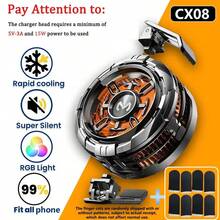 MEMO CX08 2025 新款磁吸散热器，快速冷却手机散热器，[5V-3A] 15W 充电器适配器供电（不含电池），适用于智能手机、平板电脑、直播、游戏等，附赠 4 个游戏指套 - 橘色 - 查看 9