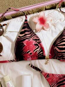 Swim Vcay Multicolor Random Print Halter Thongs Bikini Set For Women Fabric With Tie Back Details Regular Fit - Multicolor - View 4